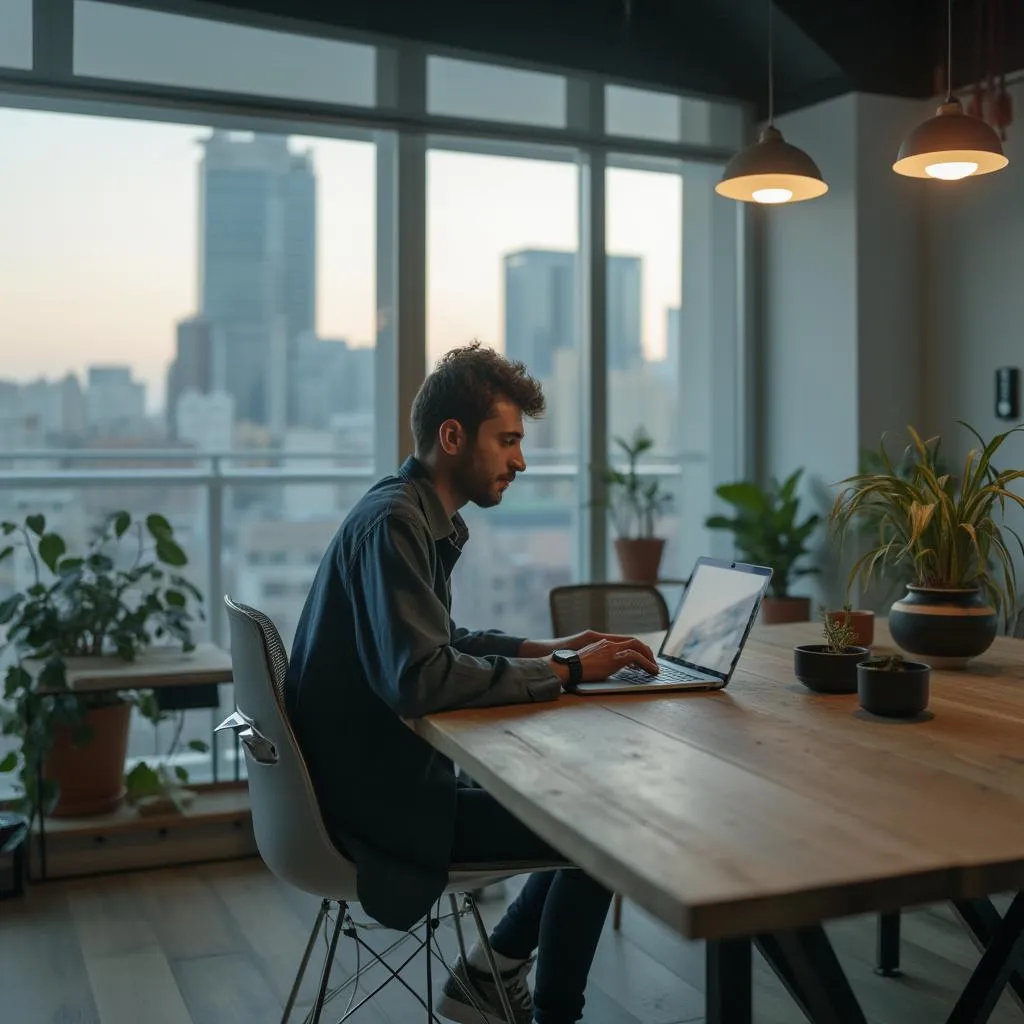 Emprendedor sonriendo en su oficina moderna en Buenos Aires